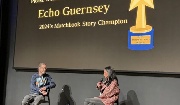 2024 Matchbook Story Contest Winner Echo Guernsey is interviewed by Library Shop SD Manager Scott Ehrig-Burgess at the sixth annual Shorties.